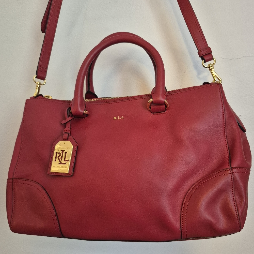 32-CIP RALPH LAUREN RED LEATHER SATCHEL PURSE HANDBAG CROSSBODY STRAP Valentines - Picture 3 of 17